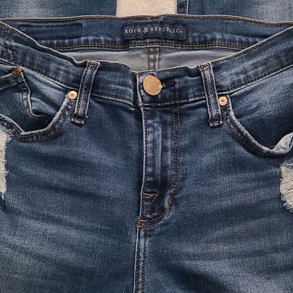 Rock and Republic Women's 10 Dark Wash Denim Distressed Jeans Mid Rise Skinny - Picture 5 of 14